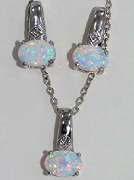 7x5mm Simulated Opal & Diamond Oval Stud Earrings & Pendant .925 Sterling Silver Rhodium Finish
