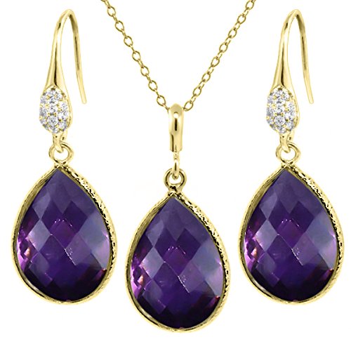 19.50 Ct Faceted Amethyst Pear Shape Gold Plated Silver Jewelry Set 18