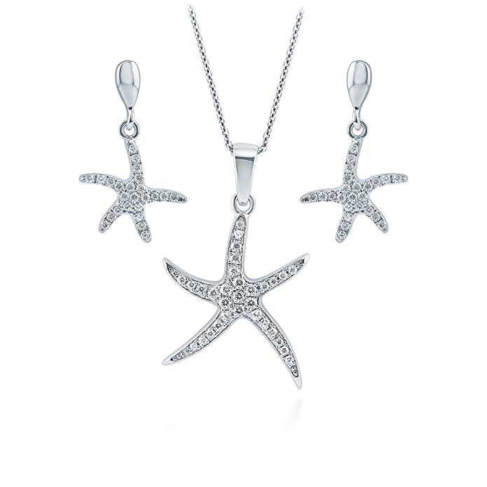 BERRICLE Rhodium Plated Sterling Silver Cubic Zirconia CZ Starfish Fashion Necklace and Earrings Set