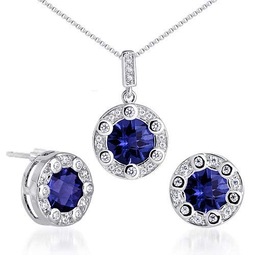 Created Sapphire Pendant Earrings Necklace Sterling Silver Rhodium Nickel Finish Round Shape 7.75 Carats