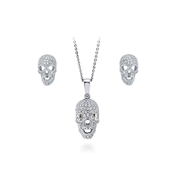 BERRICLE Rhodium Plated Sterling Silver Cubic Zirconia CZ Skull Bones Necklace and Earrings Set