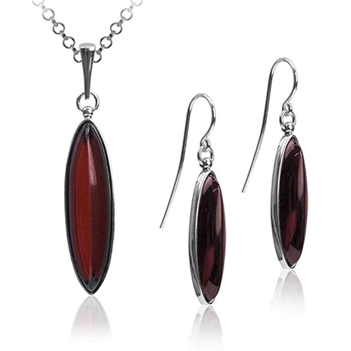 Sterling Silver Best Quality Dark Red Amber Contemporary Set