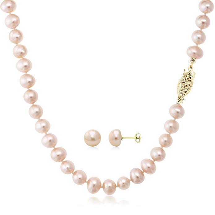Pink Cultured Freshwater Pearl Necklace and Earring Set In 14K Yellow Gold