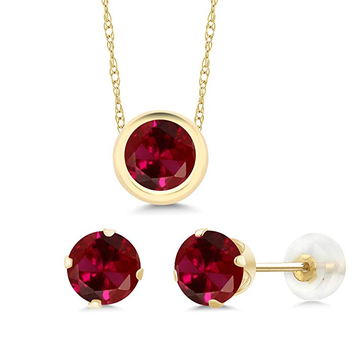 3.00 Ct 6mm Round Red Created Ruby 14K Yellow Gold Pendant Earrings Set