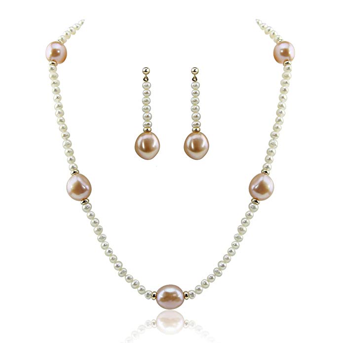 14k Yellow Gold 11-13mm Pink, 4-5mm White Baroque Freshwater Cultured Pearl Necklace 18
