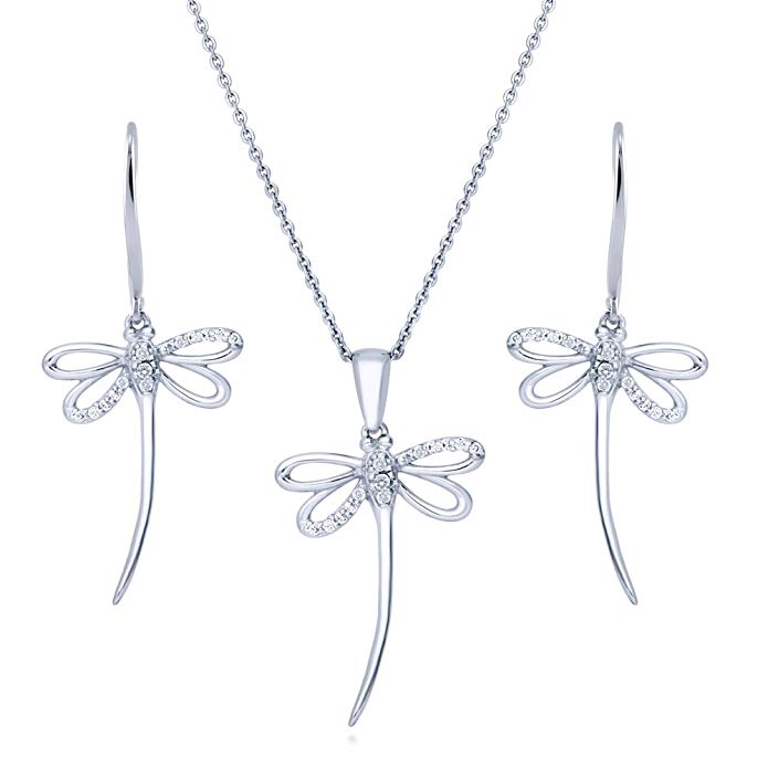 BERRICLE Rhodium Plated Sterling Silver Cubic Zirconia CZ Dragonfly Necklace and Earrings Set