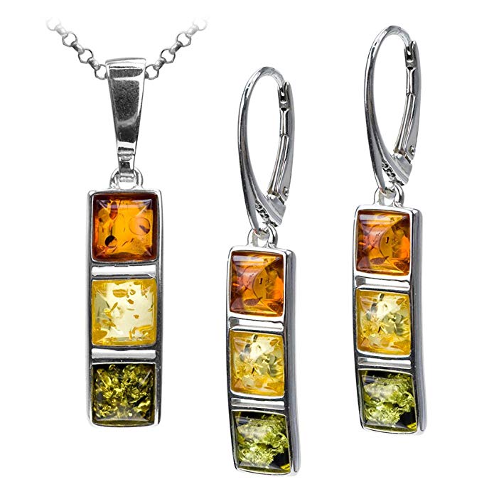 Sterling Silver Multicolor Amber Earrings Necklace Set 18 Inches