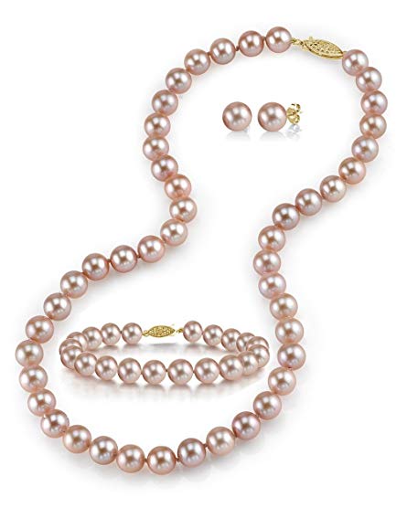 14K Gold 7-8mm Pink Freshwater Cultured Pearl Necklace, Bracelet & Earrings Set, 18