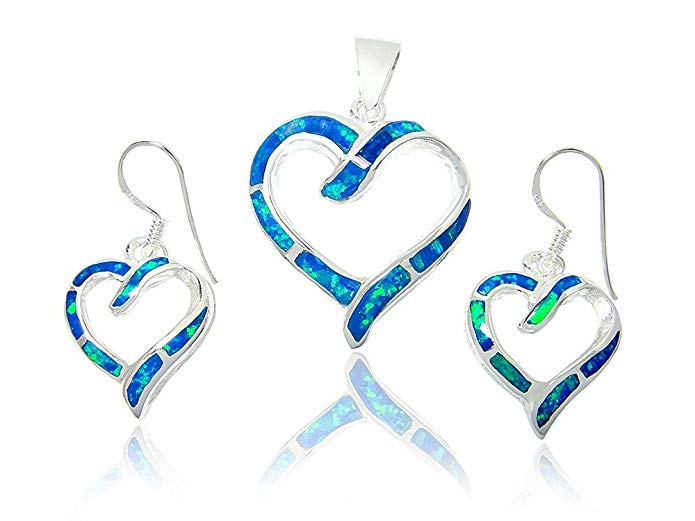 925 Sterling Silver Hawaiian Blue Fire Opal Love Heart Dangle Earrings Pendant Set