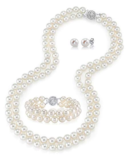 14K Gold White Freshwater Cultured Double Strand Cultured Pearl Necklace, Bracelet & Earrings Set - AAA Quality, 19-20