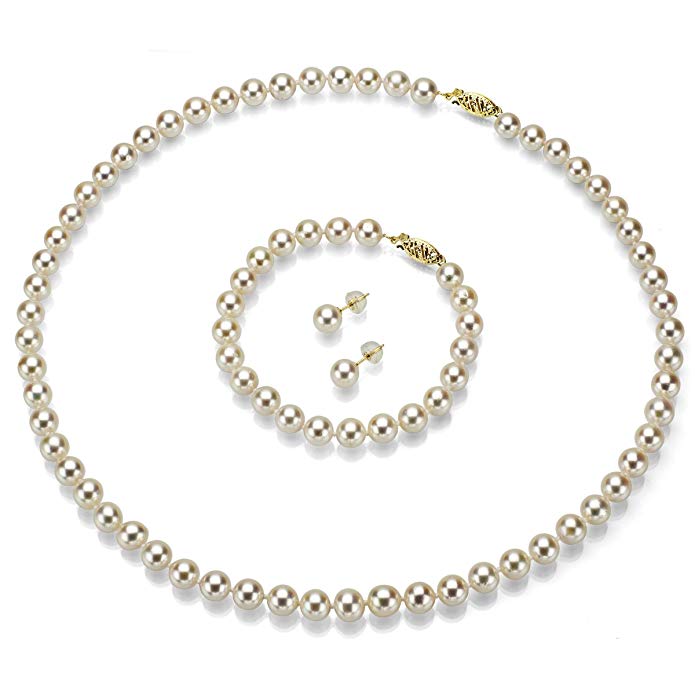 Cultured Japanese Akoya Pearl Necklace White Pearl Bracelet and 14K Yellow Gold Stud Earrings Set