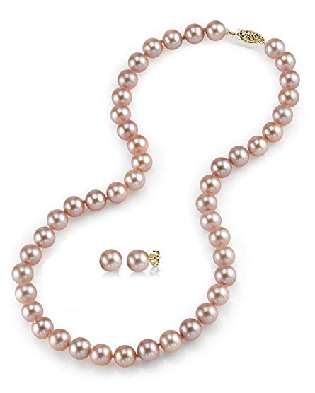14K Gold 7-8mm Pink Freshwater Cultured Pearl Necklace with Stud Earrings, 17