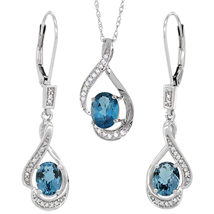 14K White Gold Diamond Natural London Blue Topaz Lever Back Earrings Necklace Set Oval 7x5mm,18 inch long