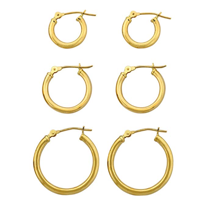 3 Pairs-10k Yellow Gold Polished Tube Clip Hoop Earrings Set