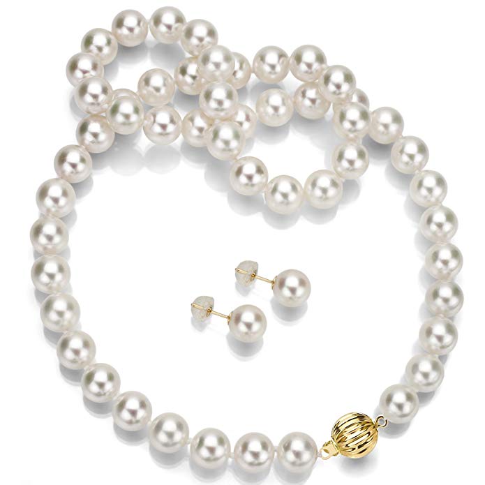 14K Yellow Gold Salwater Cultured Japanese Akoya Pearl necklace and Stud Earring Set 6.5-7mm