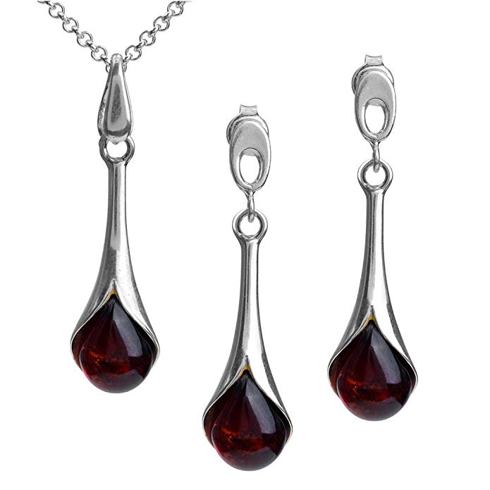 Sterling Silver Red Dark Amber Drop Stud Earrings Pendant Set Chain 18 Inches