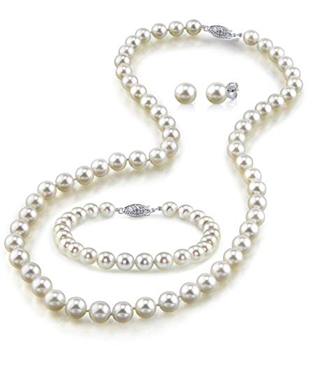 14K Gold 6.0-6.5mm White Akoya Cultured Pearl Necklace, Bracelet & Earrings Set, 17