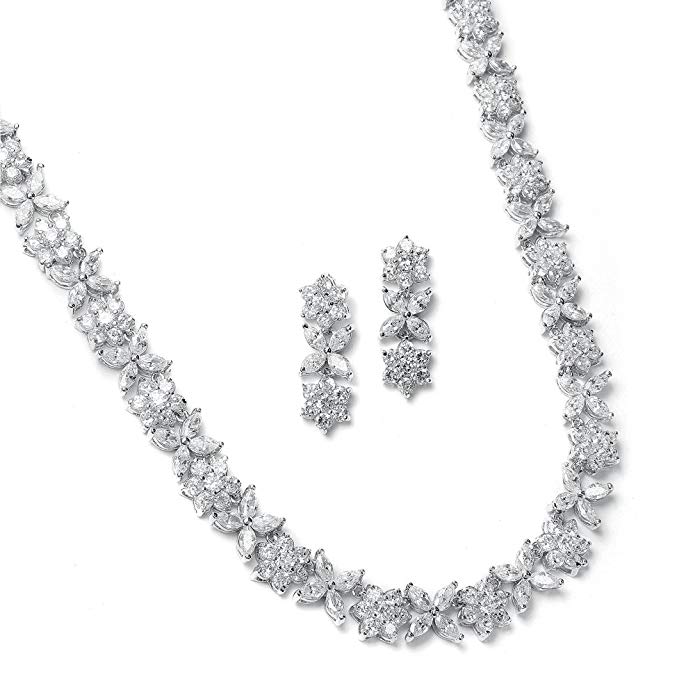 Mariell CZ Necklace and Earring Set with Marquis Flowers - Luxe Wedding Bridal Statement Necklace Set