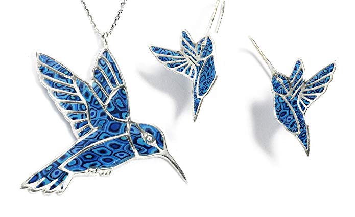 925 Sterling Silver Hummingbird Necklace and Earrings Polymer Clay Bird Jewelry Set, 16.5