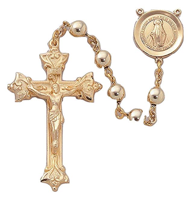 22kt. Gold Over Sterling Rosary 7mm Bead 2 1/8 Inches High Crucifix with Centerpiece