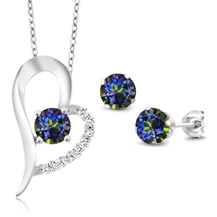 2.72 Ct Round Blue Mystic Topaz 925 Sterling Silver Pendant Earrings Set