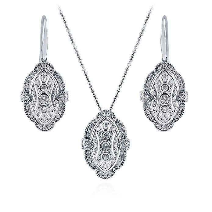 BERRICLE Rhodium Plated Sterling Silver Cubic Zirconia CZ Art Deco Necklace and Earrings Set