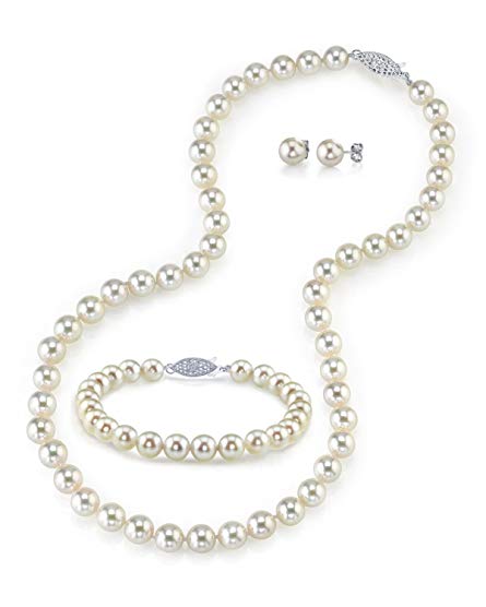 14K Gold 7.0-7.5mm White Akoya Cultured Pearl Necklace, Bracelet & Earrings Set, 18