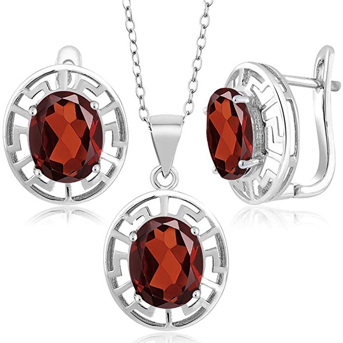 7.50 Ct Oval Red Garnet 925 Sterling Silver Pendant Earrings Set With Chain