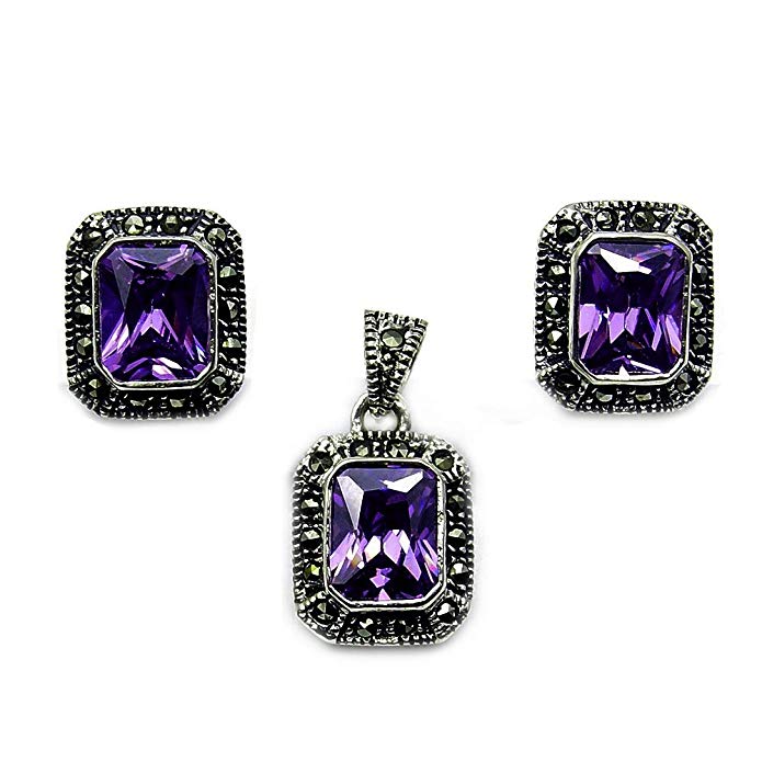 Sparkling Sterling Silver Purple CZ, Marcasite Stud Earrings & Pendant Set