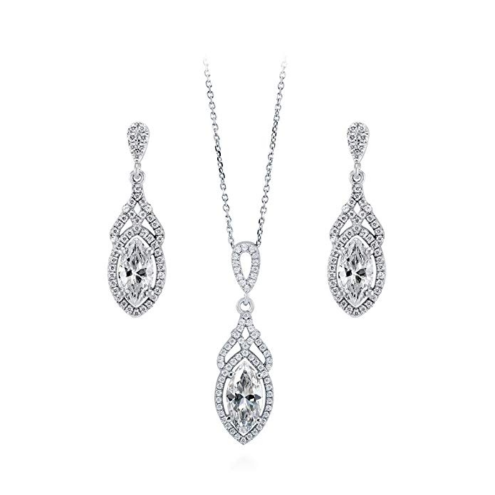 BERRICLE Rhodium Plated Sterling Silver Cubic Zirconia CZ Art Deco Halo Necklace and Earrings Set