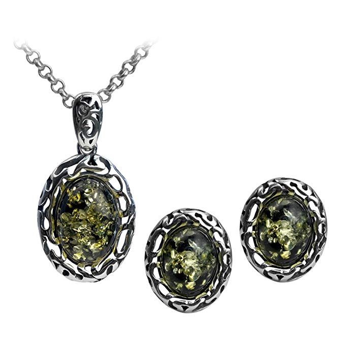 Sterling Silver Green Amber Oval Pendant Earrings Set 18 Inches