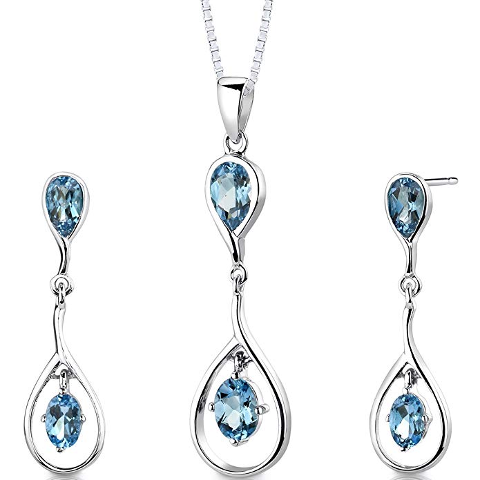 Swiss Blue Topaz Pendant Earrings Necklace Sterling Silver Rhodium Nickel Finish Pear and Oval Shape
