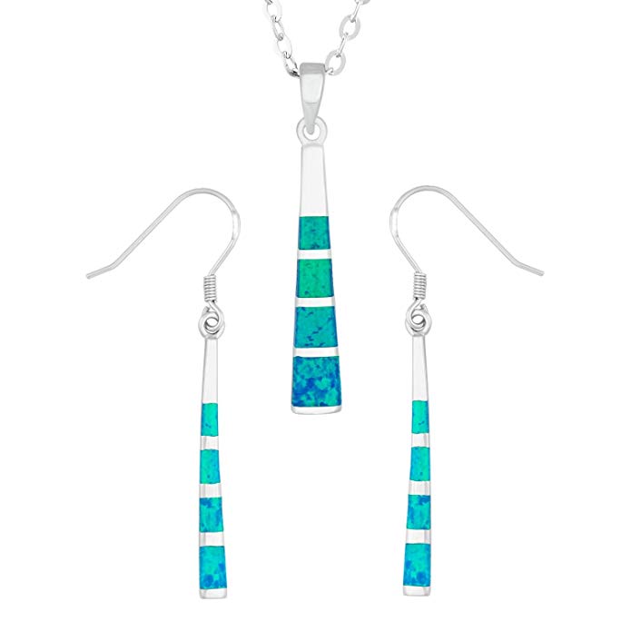 Sterling Silver Created Opal Long Striped Earrings and Pendant Set with 18