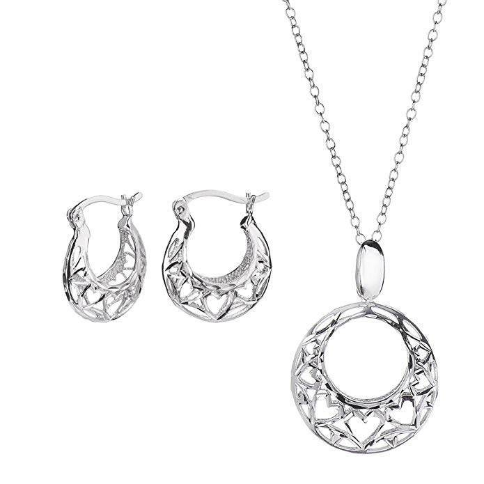 G&H Sterling Silver Heart Filigree Hoop Earrings and Pendant Necklace Set