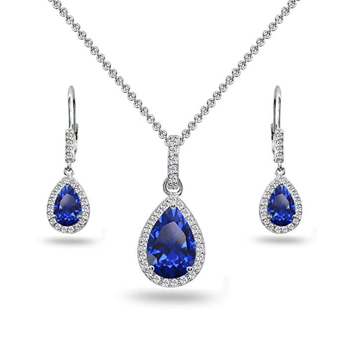 Sterling Silver Genuine, Created or Simulated Gem Teardrop Halo Dangling Necklace & Leverback Earrings