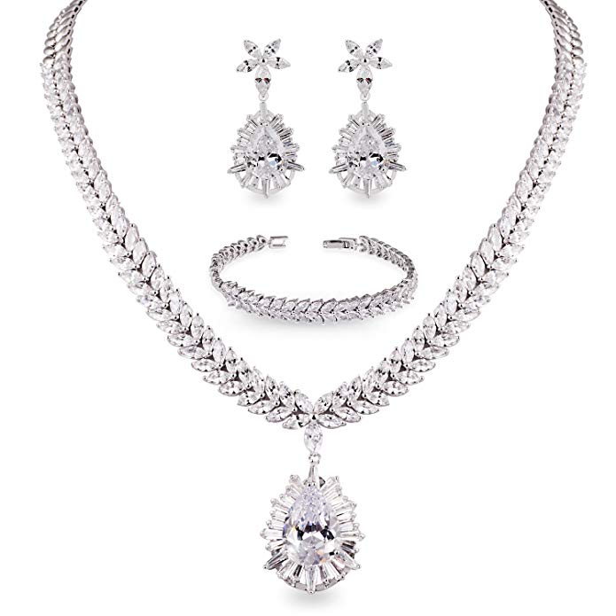 AODUOLA Silver-Tone CZ Delicate Rain Drop Pendant Bridal Necklace,Earrings And Bracelet Three Set