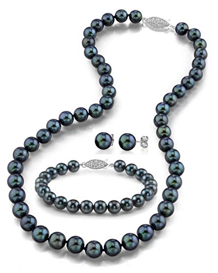 14K Gold 7.5-8.0mm Black Akoya Cultured Pearl Necklace, Bracelet & Earrings Set, 18