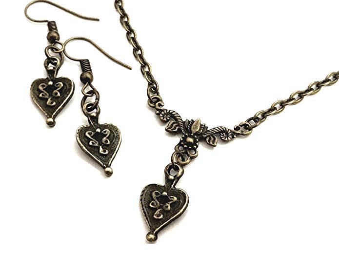 8th Wedding Anniversary Gifts for Her - Vintage Heart Jewelry Set Bronze - Wrapped & Gift Boxed