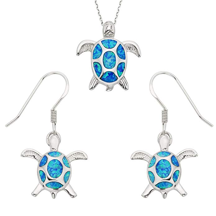 Sterling Silver Created Opal Turtle Earrings and Pendant Set with 18