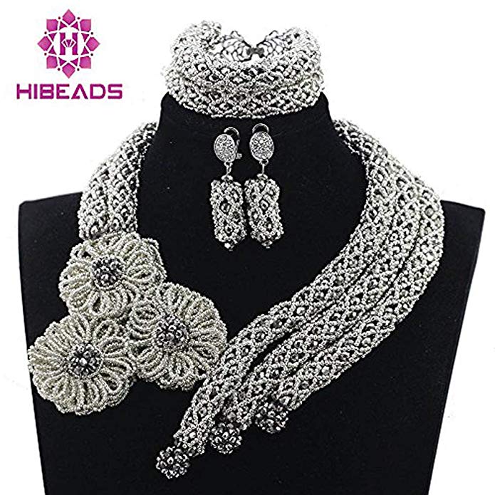 Silver Beads Statement Women Jewelry Necklace Set African Nigerian Beads Jewelry Set for Wedding