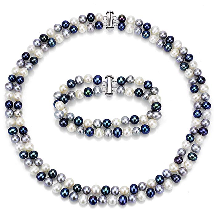 Sterling Silver 2-rows 6.5-7mm Dyed Multi-dark Freshwater Cultured Pearl Necklace and Bracelet Set