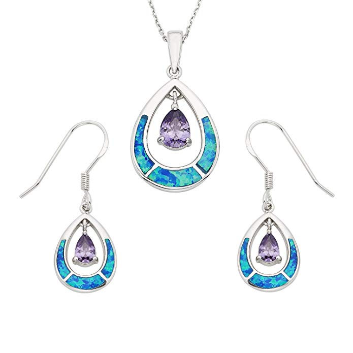 Sterling Silver Created Opal & CZ Teardrop Earrings and Pendant Set with 18
