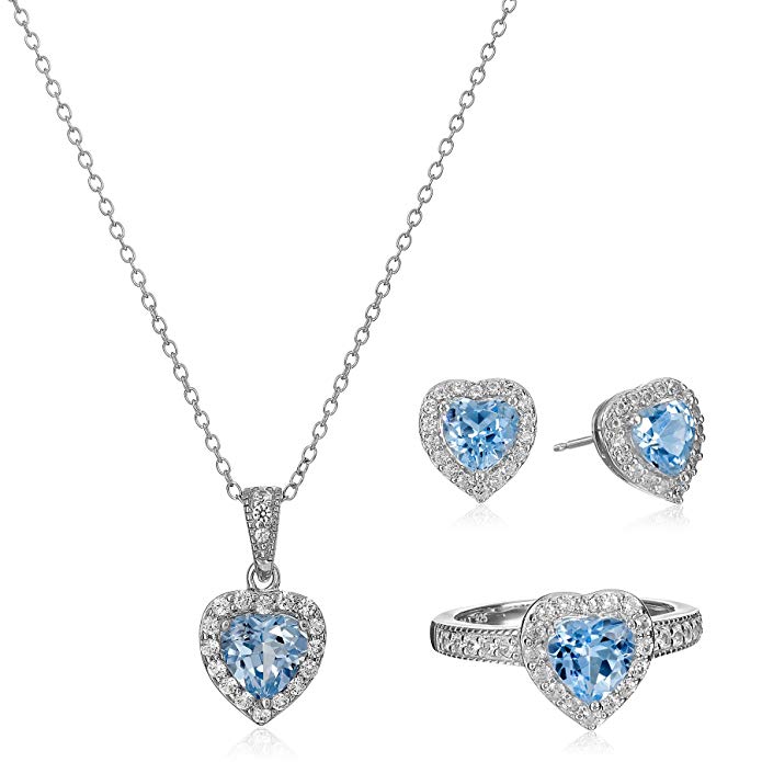 Sterling Silver Birthstone and White Topaz Halo Heart Earrings, Ring, and Pendant Necklace Jewelry Set