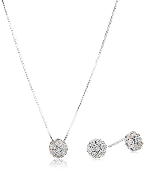 Sterling Silver Diamond Cluster Earrings and Pendant Necklace Jewelry Set (1/10 cttw, I-J Color, I2-I3 Clarity)