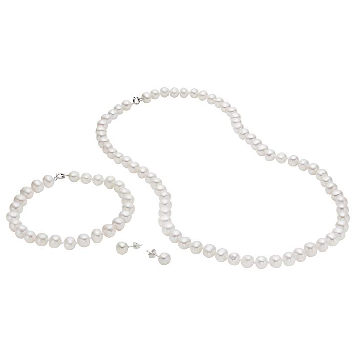 925 Sterling Silver 6.5-7mm AA-Quality Freshwater White Pearl Complete Gift Set