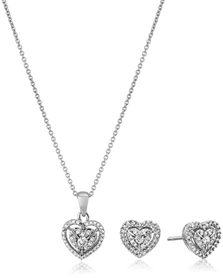 Sterling Silver Diamond Heart Pendant Necklace and Earrings Box Set (1/2 cttw), 18