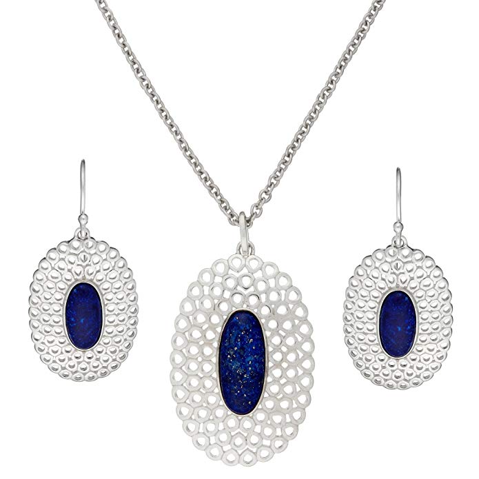Silverly .925 Sterling Silver Simulated Blue Lapis Lazuli Oval Long Earrings Necklace Set, 46 cm
