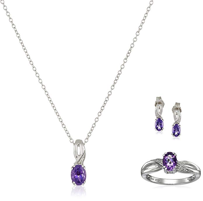 Sterling Silver Amethyst Oval with Diamond Pendant Necklace, Earrings and Ring (Size 7) Box Set