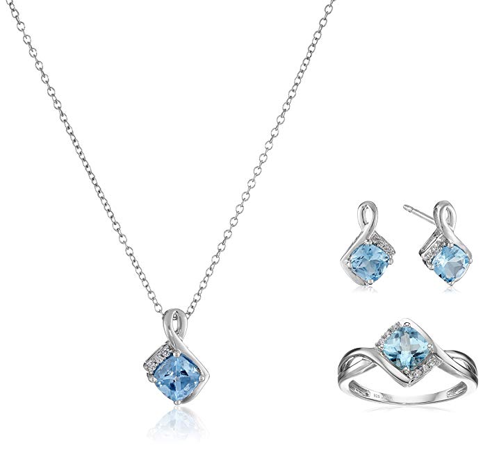 Sterling Silver Swiss Blue Topaz Cushion with Created White Sapphire Box Set (Necklace 18