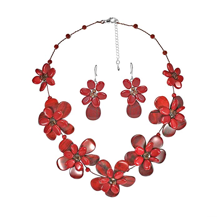 AeraVida Reconstructed Red Coral & Jasper & Fashion Crystal Floral Jewelry Set